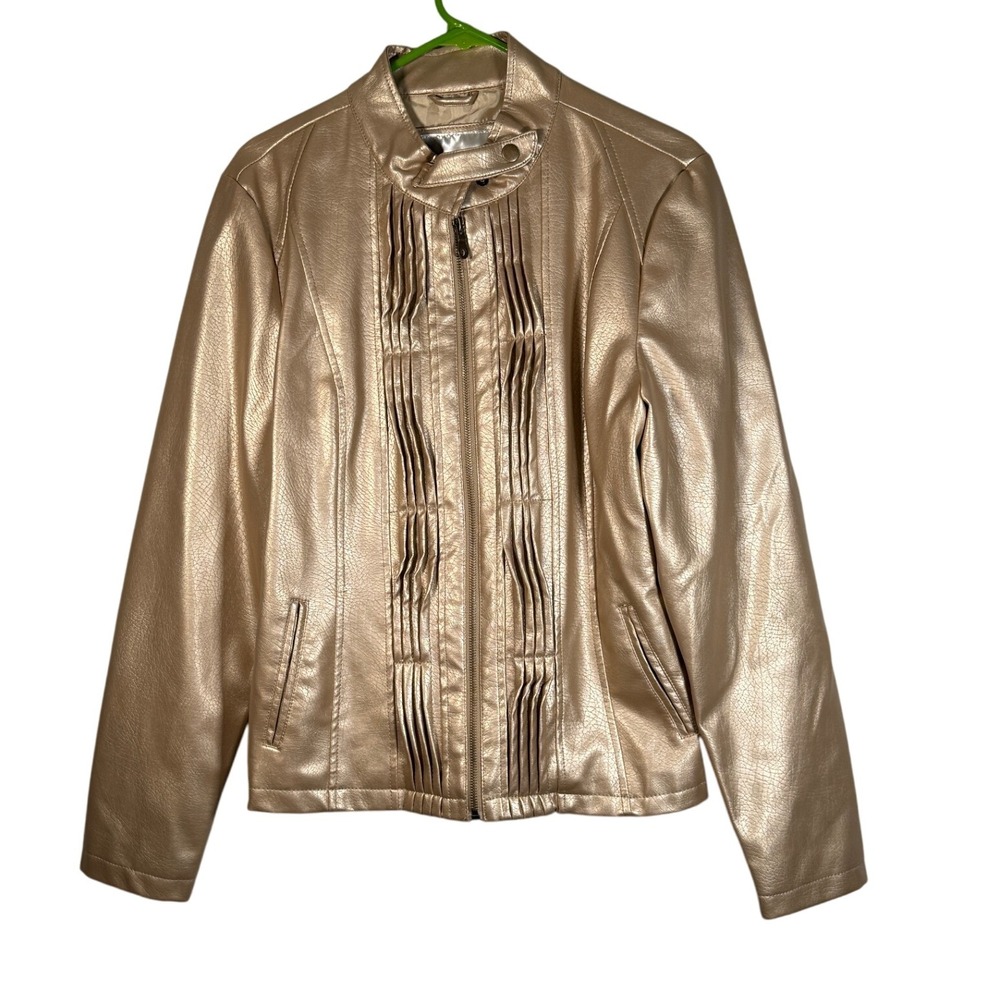 Frida Gold Metallic Faux Leather‎ Jacket Moto Style Pleated Front Women's Large